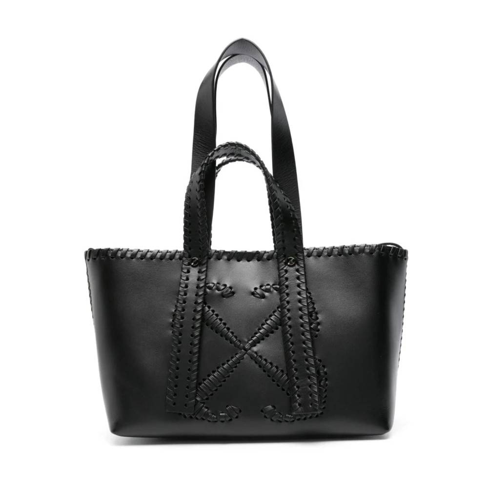 Off White Sort Tote Taske med Pile Design - Tasker - Dame - Sort - ONE SIZE - Læder
