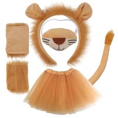 Lejonkungen skogshuvudband, näsa, handskar, svans, 30 cm lång tutu, djurkostymtillbehör, lämplig för scenframträdanden, utomhusaktiviteter, halloween, - Brun (4-delat set,Kjolkostym)