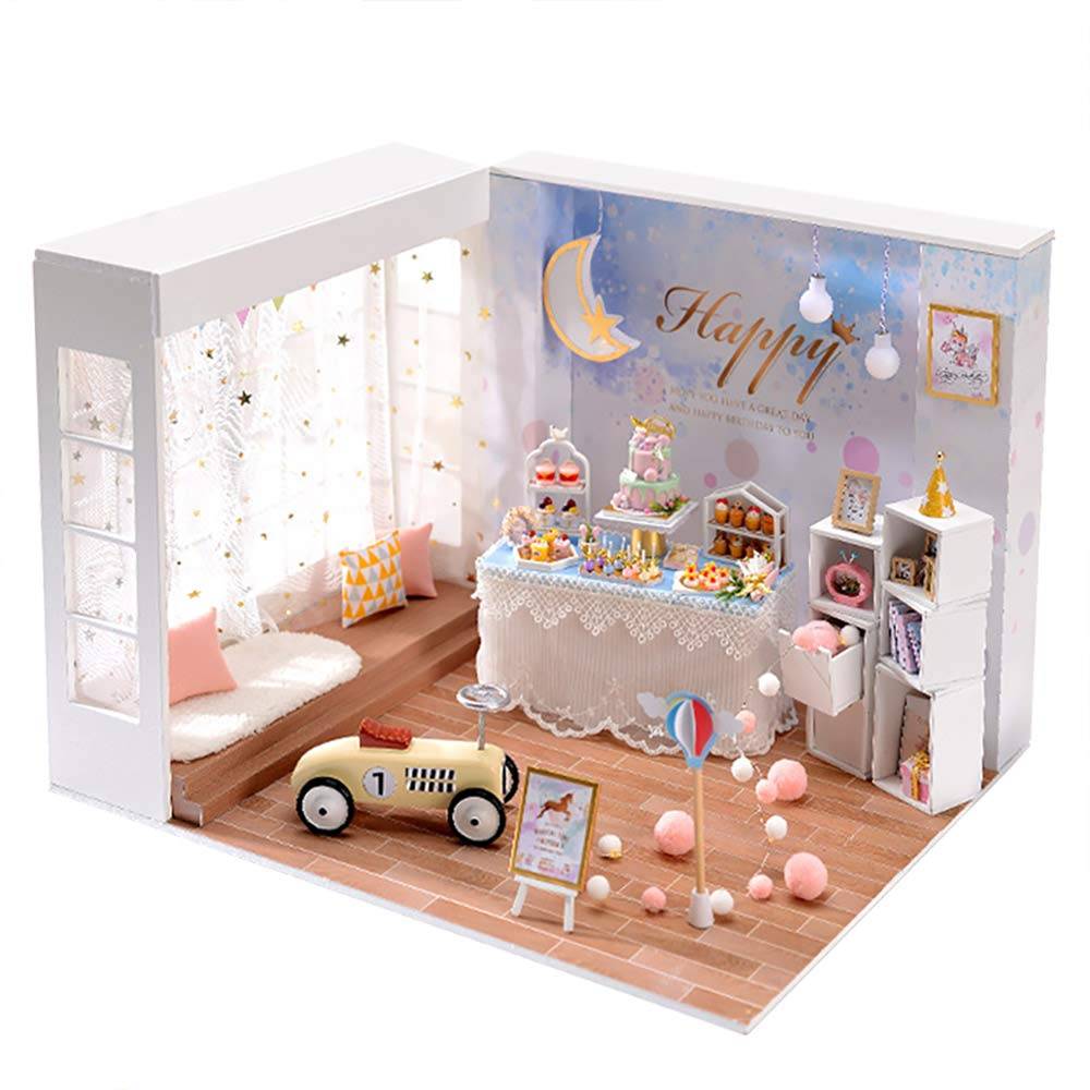 moin moin Scale Dollhouse Miniature DIY Kit Set with Cake Party and Girly Fancy and Photo Studio LED Light Acrylic Case 2012DH212 1/12 Romantic,