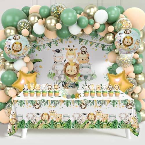Gröna födelsedags festdekorationer, djur födelsedagsfest tillbehör med gröna, guld och vita ballonger, djur bakgrundstyg, tårtinsatser, bordsduk, djur-festtillbehör för födelsedagsdekorationer