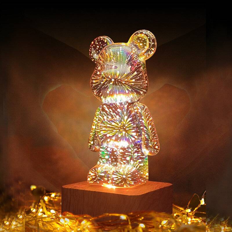 LED 3D Björn Fyrverkeri Nattljus USB Projektorlampa Färgförändringsbar Ambientlampa lämplig för barnrum sovrum dekoratio