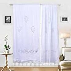 DOKOT Vit bomullsbroderi köksgardin, cafégardin, matsalsgardin med virkad tofskant 70x150cm White 1 Pair Panels