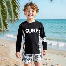 Ung pojke Snygg Palm Tree Print Långärmad Rash Guard & Shorts Baddräkt Set - Svart och Vitt (6Y,7Y,4Y,5Y)