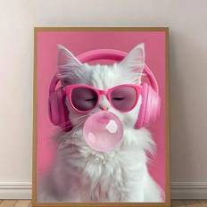 2D platt, 1-delat kanvastavla med nyckfull katt med hörlurar och tuggummi – livfull rosa väggkonst, modern humordekor för vardagsrum, sovrum, kontor, - Multifärgad (Multi-size)