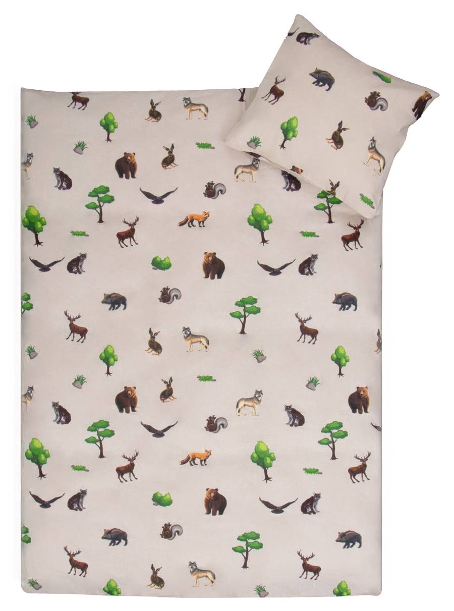 Skogens djur påslakanset - 100% bomull - Junior 115x135 cm - Beige med skogens djur