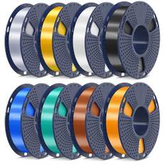 SUNLU Silk Plaplus Filament Pack, 3D Printing Filament Med Silkeslen Yta, 250G Silk 3D Printer Filament, 8 Rullar,Svart+Vit+Ljust Guld+Silver+Mässing+Koppar+Blå+Grön