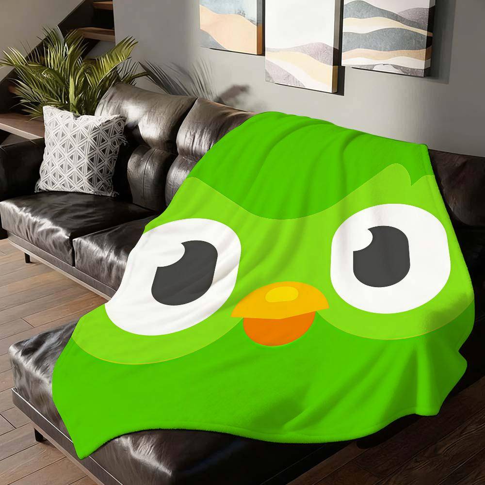 Tecknad söt Duolingo-filt för soffa, kontor, säng, flygplan, resor, sömn, läsning, avkoppling, camping, mjuk och varm