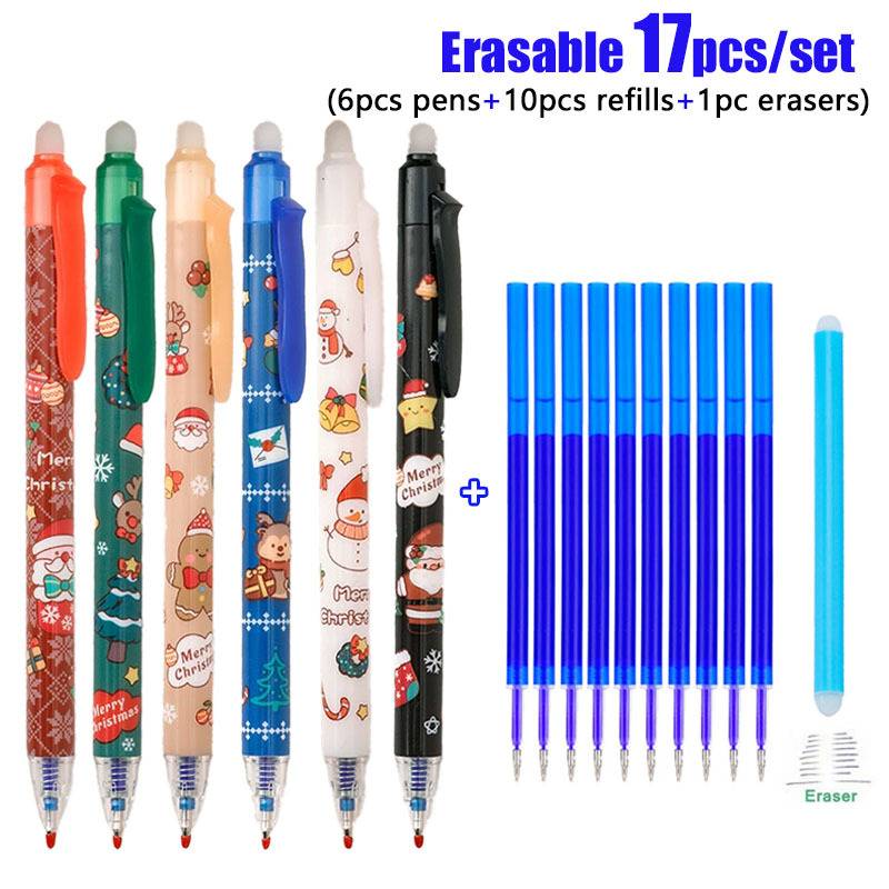 17pcs Set Of Stylish Christmas Erasable Gel Pens, High-value Christmas Gifts For The Holidays, Stationery Gifts With 0.5mm Blue Refills