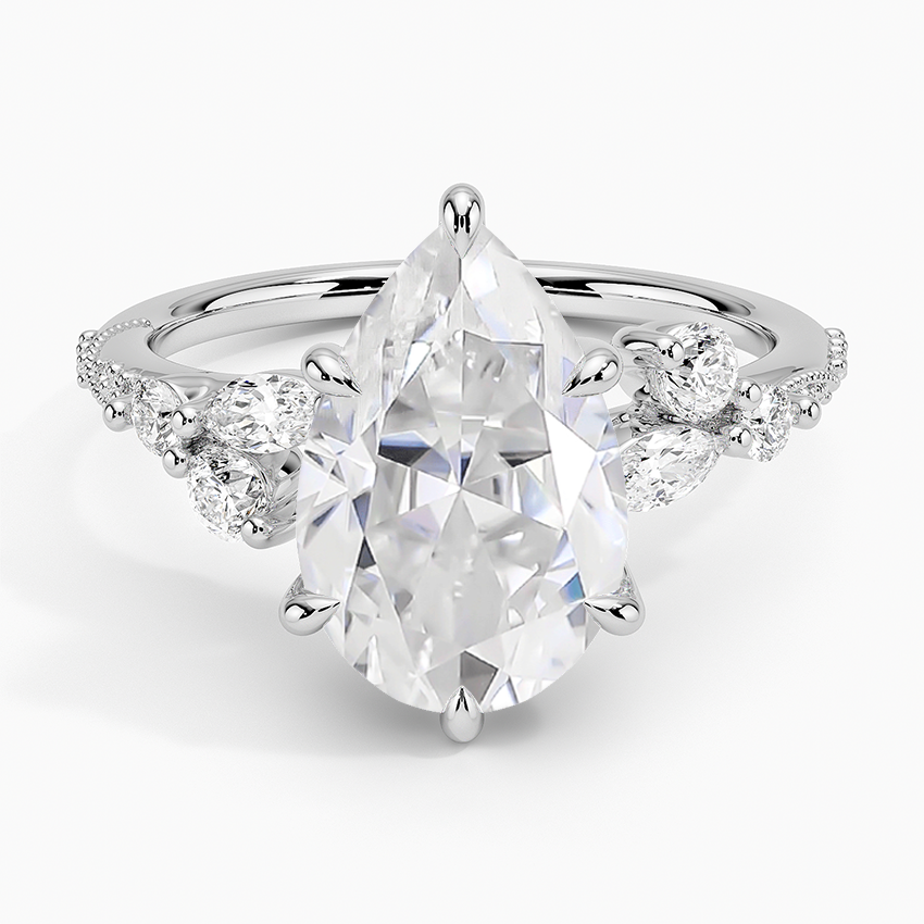 14K White Gold Moissanite Luxe Camellia Milgrain Diamond Ring