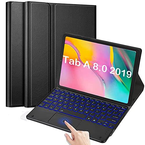 QYiiD bakgrundsbelyst tangentbord med pekplatta för Galaxy Tab A 8.0 2019 SM-T290/SM-T295, magnetiskt avtagbart trådlöst Bluetooth-tangentbord för Samsung Tab A 8 tum 2019 SM-T290/T295, svart