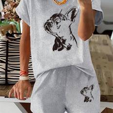 TEMU Women's Casual Summer Shorts & T-shirt Set With French Bulldog Print - Light Gray Polyester, Round Neck, Short Sleeve, Shorts With Side Pocket, Casual Wear| Print|lightweight Fabric