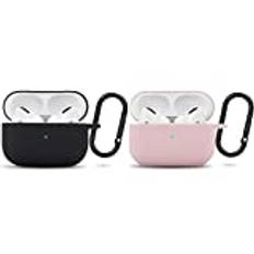 2 Pack fodral kompatibelt med Airpods Pro kompatibelt med Apple AirPods Pro fodral (Black & Light Pink) kompatibelt med Silicone with Carabiners [Wireless Charging Support]