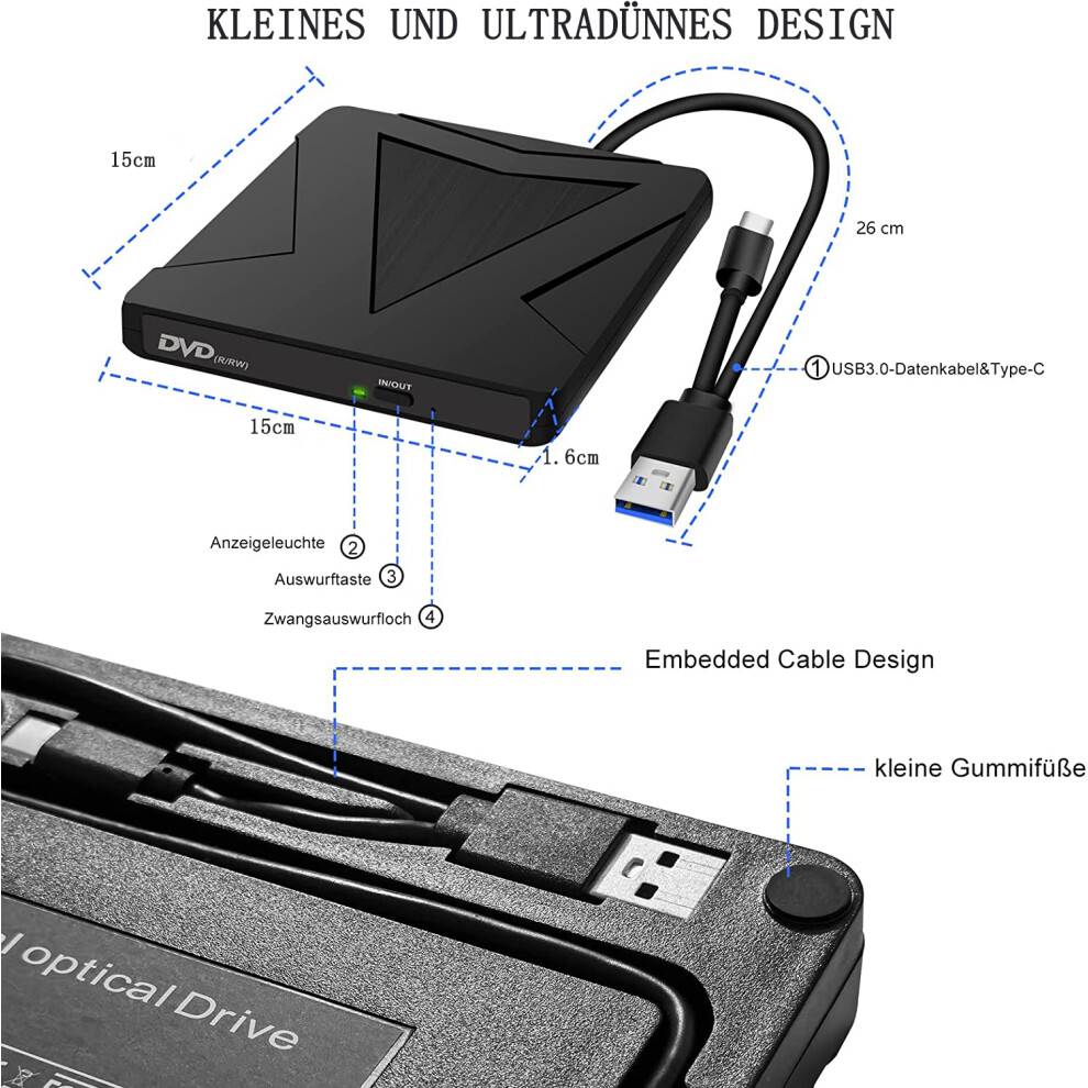 Højhastigheds bærbar CD/DVD-brænder, Blu-ray-funktionalitet med USB 3.0 Type-C til Windows, Mac, Linux OS, 5-i-1 USB HUB-drev, bred kompatibilitet,