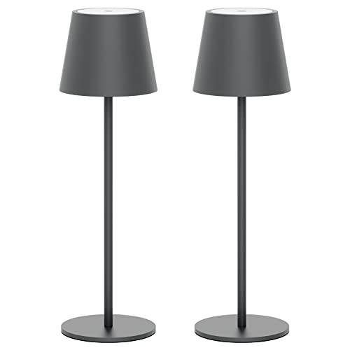Klighten 2 Stück LED Dimmbare Akku Dunkelgrau Tischlampe Kabellose, Wiederaufladbar Warme Lichtfarbe 3000K Tischleuchte Für Innen und Aussen mit USB-C, Aluminium, IP54 Wasserdichte