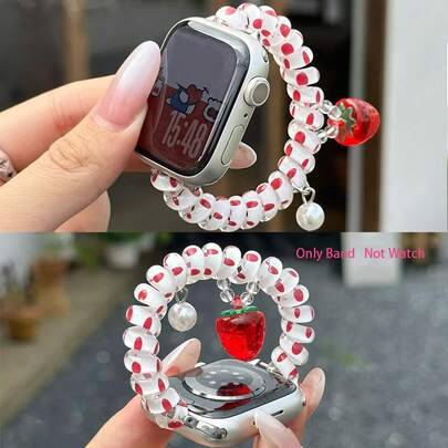 1 st. sött elastiskt scrunchie-armband i INS-stil med prickigt hänge och jordgubbspärla, lämplig för Apple Watch 38/40/41/42/44/45/46/49 mm Ultra/SE/1 - Genomskinlig (38/40/41/S11/10-42,42/44/45/49/S11/10-46)