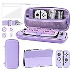 FANPL Case bundle for Nintendo Switch OLED Accessories, Carrying Case for Switch OLED and Joy Con Controller with Hard Flip Protective Case and Screen protector, 4 Thumb Grips, Shoulder Strap (Purple)