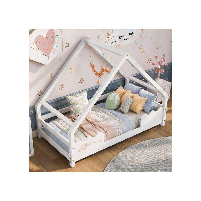 Accueil lit Lit pour enfant 90x200cm avec protection contre les chutes Parc pour enfants en bois massif blanc