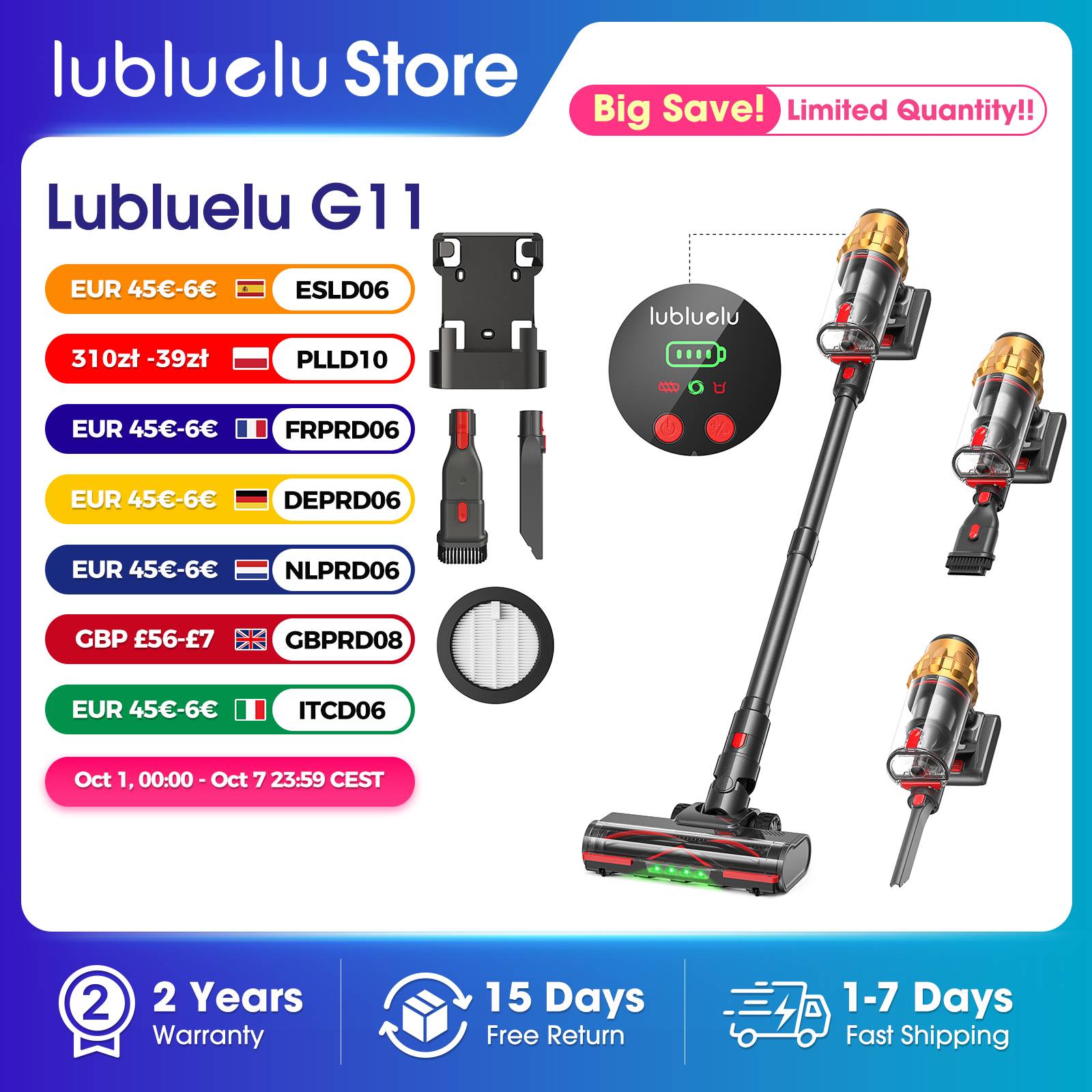 Lubluelu G11 Cordless Vacuum Cleaner 35KPA Powerful Suction Anti-Tangle Brush 50 Mins Runtime for Pet Hair on Hard Floor Carpet