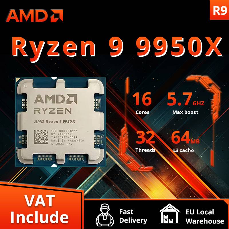 AMD Ryzen 9 9950X 16-Core 32-Thread DDR5 4NM L3=64M 4.3GHz Processor 170W Socket AM5 R9 9950X but without fan