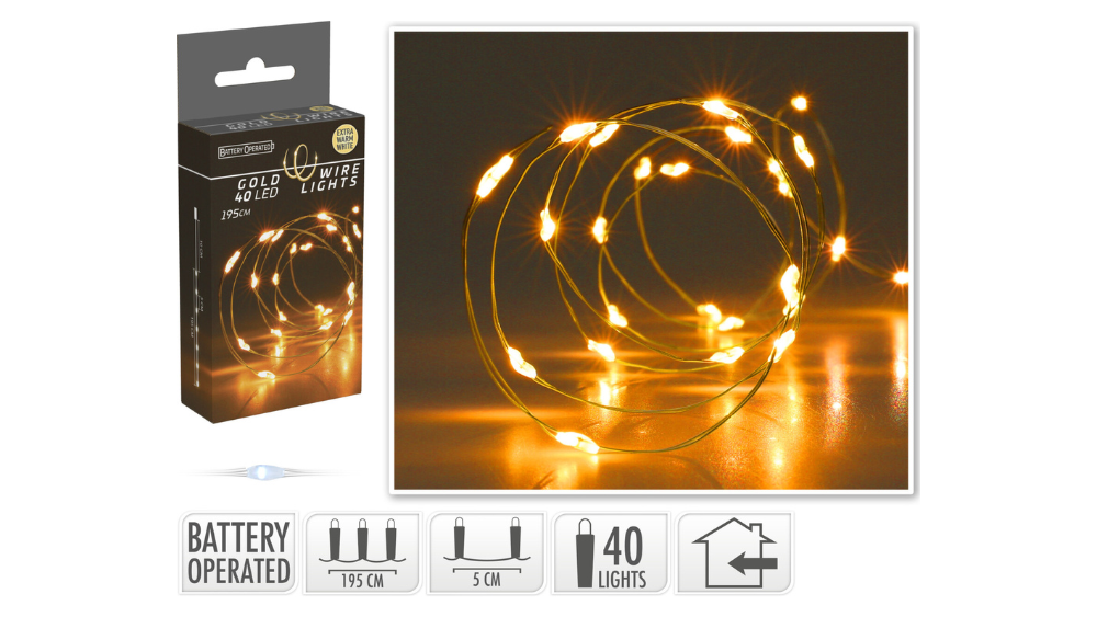 Batteri lyswire - 40 LED - Varm Hvid - Guld.
