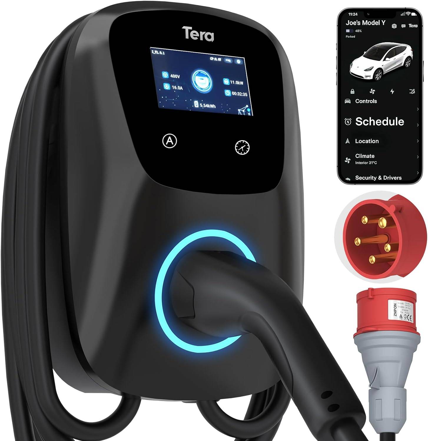 Oplader til elbil Type 2 Vægmontering - Tera W01 EV Charger med app - 11-22kW (7 meter kabel)