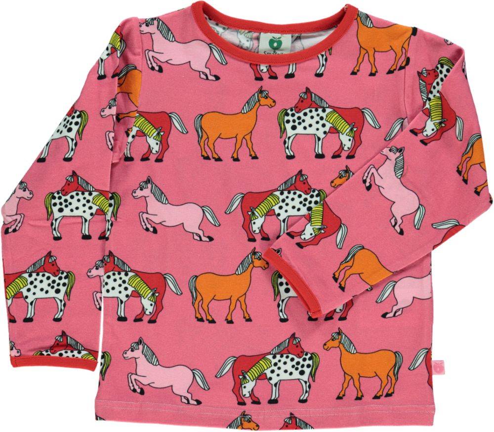 Langærmet bluse med heste - Pink / 9-10