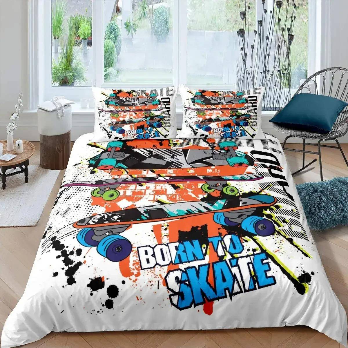 Skateboard Påslakan Pojkar Tonåringar Sport 3D Täcke Mikrofiber Graffiti Konst Tvilling Sängklädesset Dubbel Queen King Size