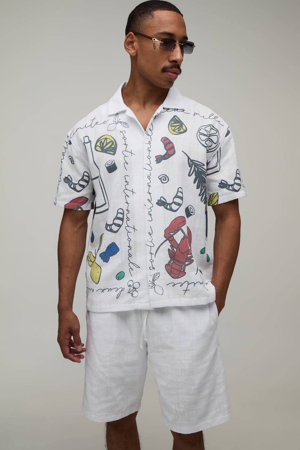 Textured Cotton All over Food Print Oversized Shirt & Relaxed Short Set | White | Size Small