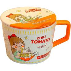 Ramen skål med låg, Instant Noodle krus, Keramisk stor suppeskål med håndtag, Sød Ramen skål, Ramen elskere gave. (Orange)