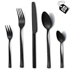 Bestick set 12 personer, Hunnycook 60 delar, svart med gafflar, skedkniv, rostfritt stål, svarta bestick för hem, restaurang, utomhus, högglanspolerad, diskmaskinssäker