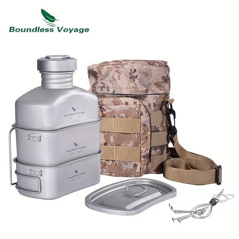 TEMU Voyage Titanium Camping Cookware Set - 1l Outdoor Sports Water Kettle Kit, Foldable Mess Kit, Large Capacity Camp Pot And Pan, Portable Hiking Cooking Gear, Ultralight Backpacking Utensils