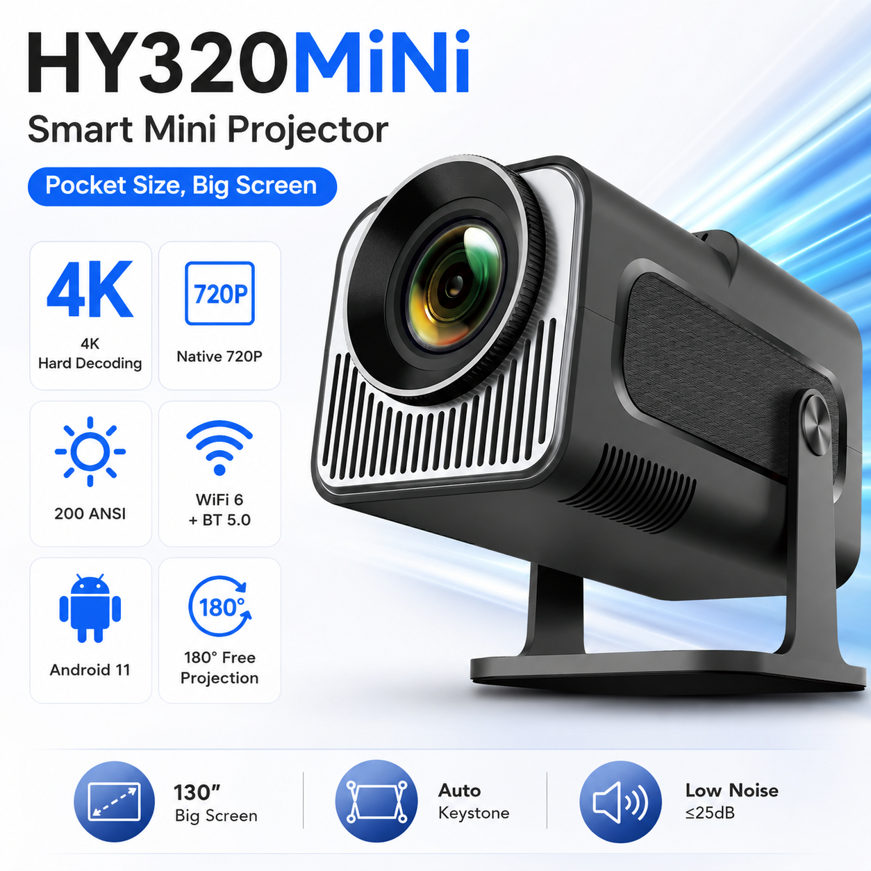 HY320 mini projector, 4K support, multi-angle projection, dual-band Wi‑Fi 6 connectivity, BT 5.0, low noise, Android 11 smart operating system, smart projector