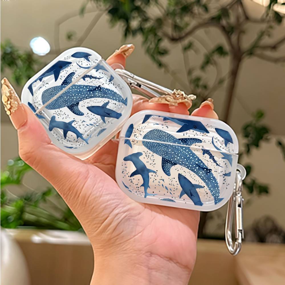 Cute Blue Whale Shark Earphone Case for AirPods Pro/Pro2/Pro3 Earbuds Cover For AirPods 4/3/2/1 Protective Shell With Carabiner