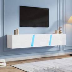 Väggmonterbar TV-skåp (180x35x30 cm) – Modern lowboard med LED-belysning och 3 skåpdörrar – Högblank vit – För upp till 75-tums TV-apparater – Snyggt - Vitt
