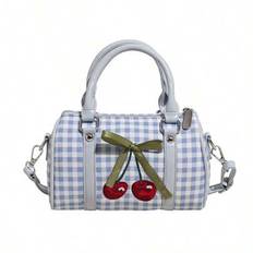 1pc Elegant Sweet Style Women Bucket Shoulder Bag, Simple Cute Solid Color PU Checkered With Cherry Element, Comfortable Handle & Adjustable Strap, Zi - Blue