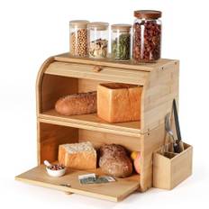 GUUSII HOME Brödlåda, trä, bambu, stor retro, eko-brödlåda, rulllock, brödförvaring, storlek 38 x 25 x 36 cm, stapelbara brödlådor, matt naturlig brödlåda för färskhet och gott bröd