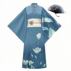 Japanska kvinnors tryckta traditionella kimono-yukata-kläder, sommarfestival - Dammblå (L,M,S,XL)