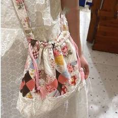 Back To School Nature Sweet Drawstring Floral Lace Patchwork Crossbody Tote Bag, Versatile Fashion Canvas Handbag Suitable For College Students - Multicolor