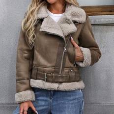 Kvinnors faux shearing päls bomberjacka Cropped Aviator läderrock Ytterkläder - Brun (L,M,S,XL,XS)