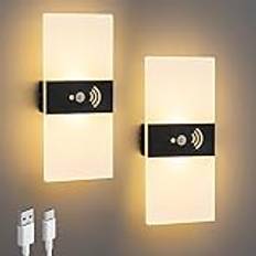 SURPALIG Vägglampor för inomhus med rörelsedetektor, 2 st., med batteri på 3 600 mAh, utan strömanslutning, trådlös, med strömbrytare, energisparande LED-vägglampa för trappan inomhus, modern