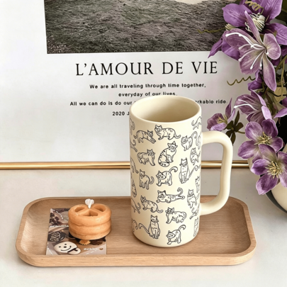 Vintage keramisk mugg, tecknad frukostkopp, mjölkmugg, minimalistisk kaffekopp, frukostmugg för par, söt tecknad mugg med stor kapacitet, damstil - Multifärgad (Lila,Vit,svart,rosa,grön,gul,blå,Beige--,Kattmugg med raka väggar)