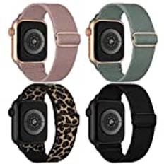 Stretchig nylon soloslinga rem kompatibel med Apple Watch-remmar 38 mm 40 mm 41 mm 42 mm 44 mm 45 mm 49 mm, justerbara flätade sport elastiska band kvinnor män armband för iWatch serie 8/Ultra/7/6/5/4/3/2/1 SE, 4-pack, Rosa/tallgrön/leopard/svart, 38mm/40mm/41mm, Casual