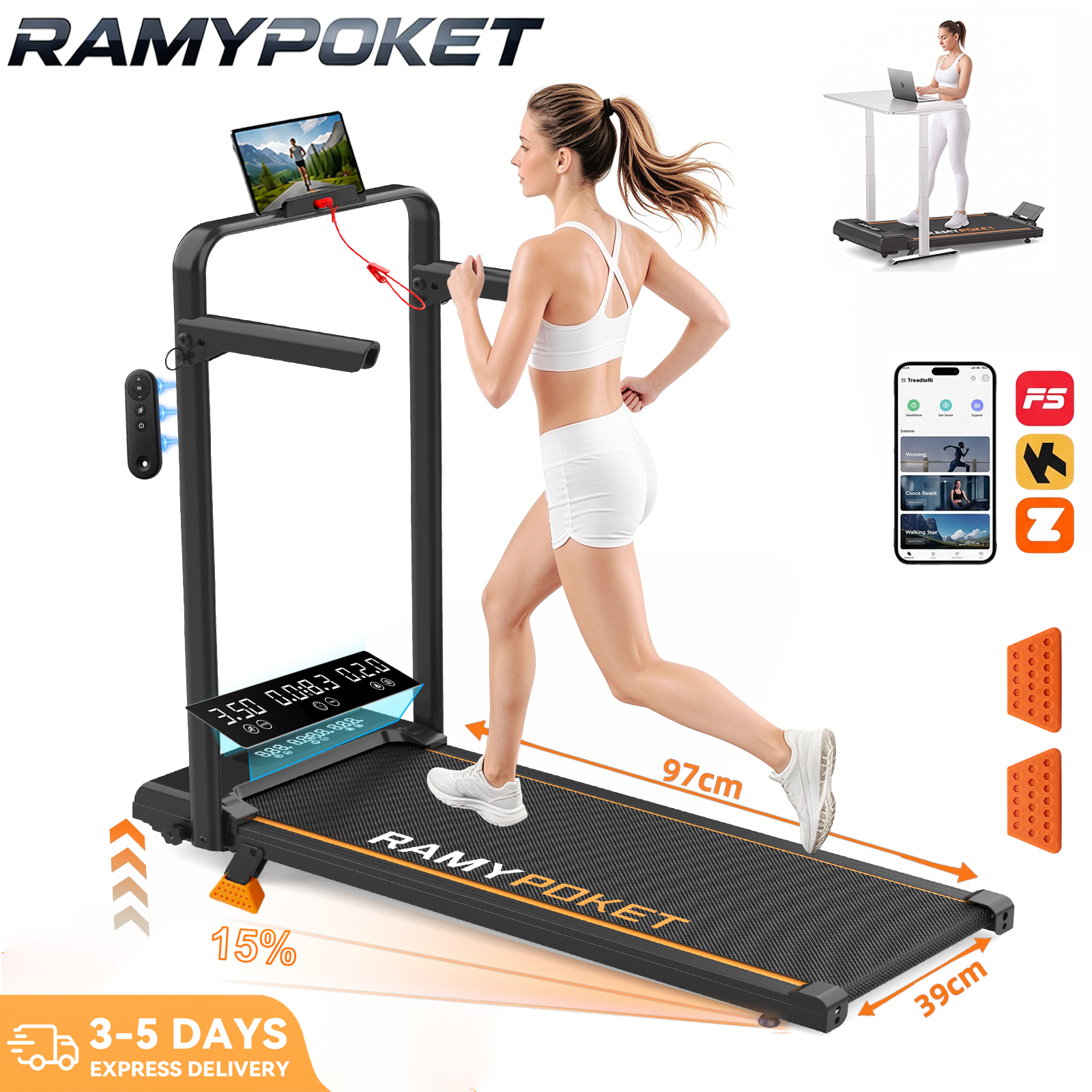 RAMYPOKET Foldable Walking Pad with 15% incline,App‑Controlled,3.0HP Quiet Motor 1‑12 Km/H Treadmill For Home,Handrails,Triple Window Display,150 kg Capacity