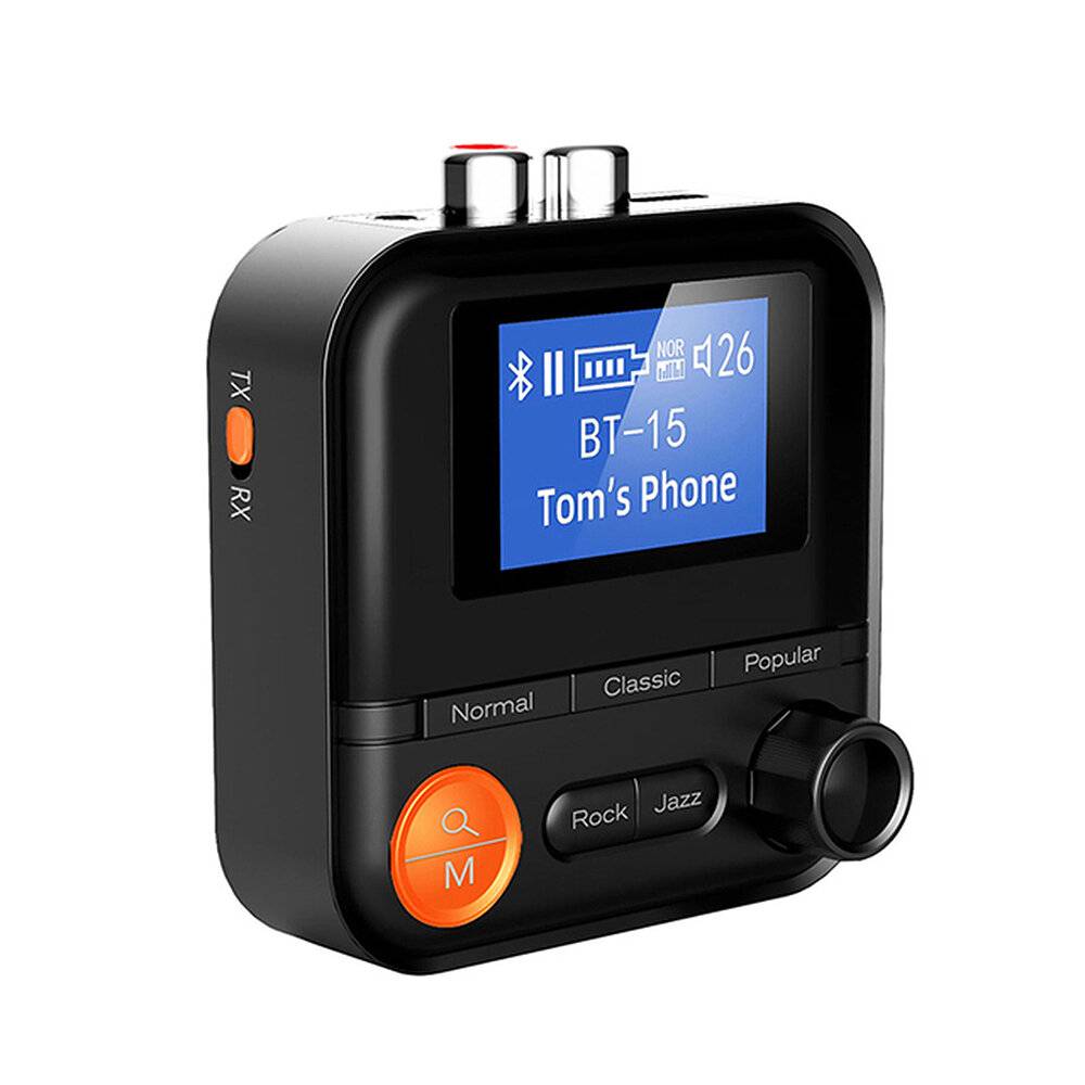 2 i 1 bluetooth V5.2-sändaremottagare 1,44 tum HD-skärm 5 EQ-lägen HiFi-musik 3,5 mm AUX RCA TF trådlös adapter för PC T