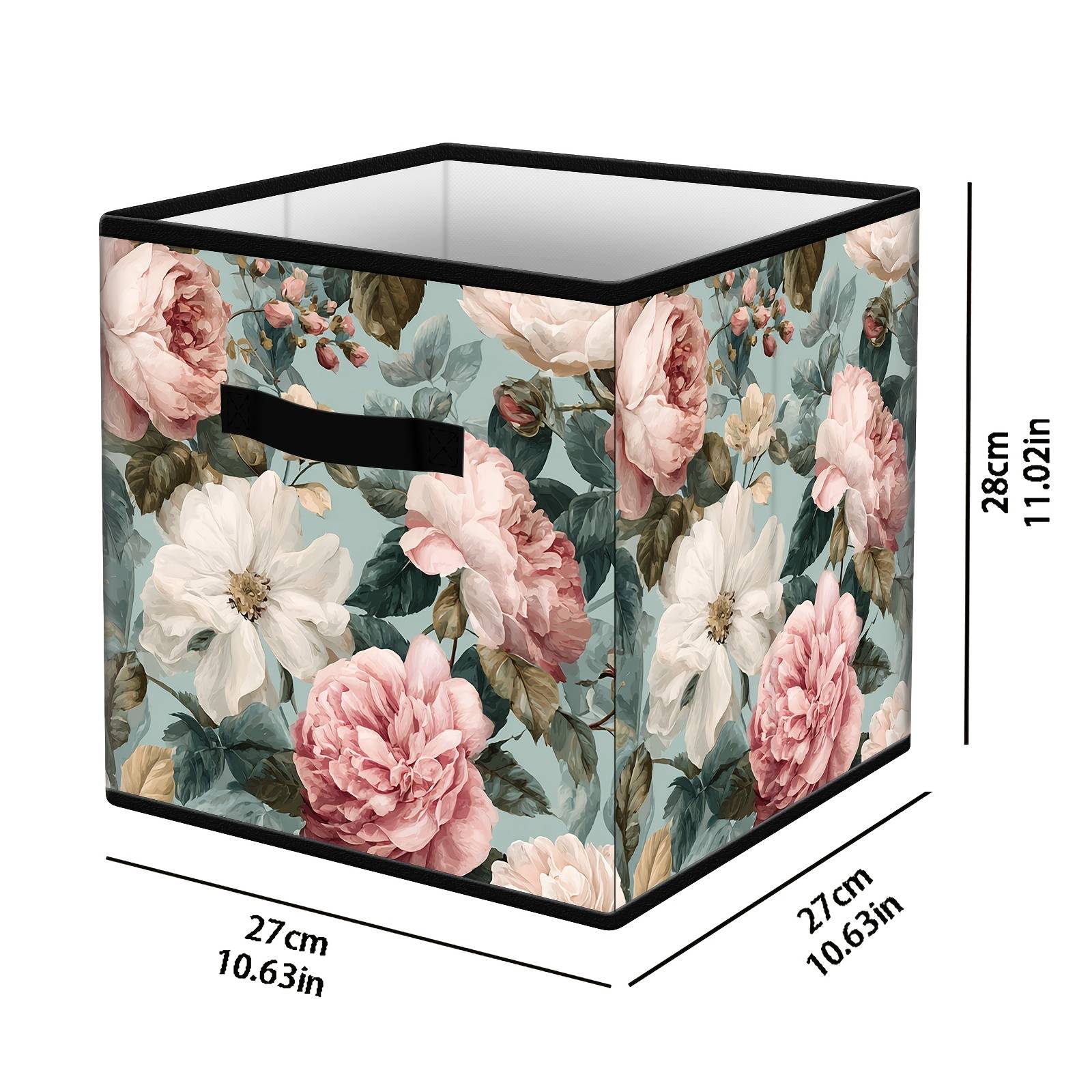 Foldable Storage Box With Roses Pattern - 27cm X 27cm X 28cm Cube Organizer, Durable Polyester Storage Bin With Handles For Home/closet Elegant Botanical Decor