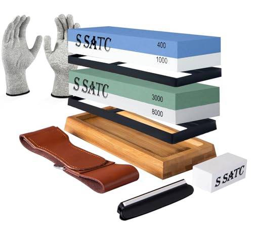 S SATC Schleifstein Set für Messer, Körnung 400/1000 3000/8000, Wetzstein Messerschärfer Set inkl. Schutzhandschuhen, Bambushalter, Winkelführung, Abziehleder und Abrichtstein