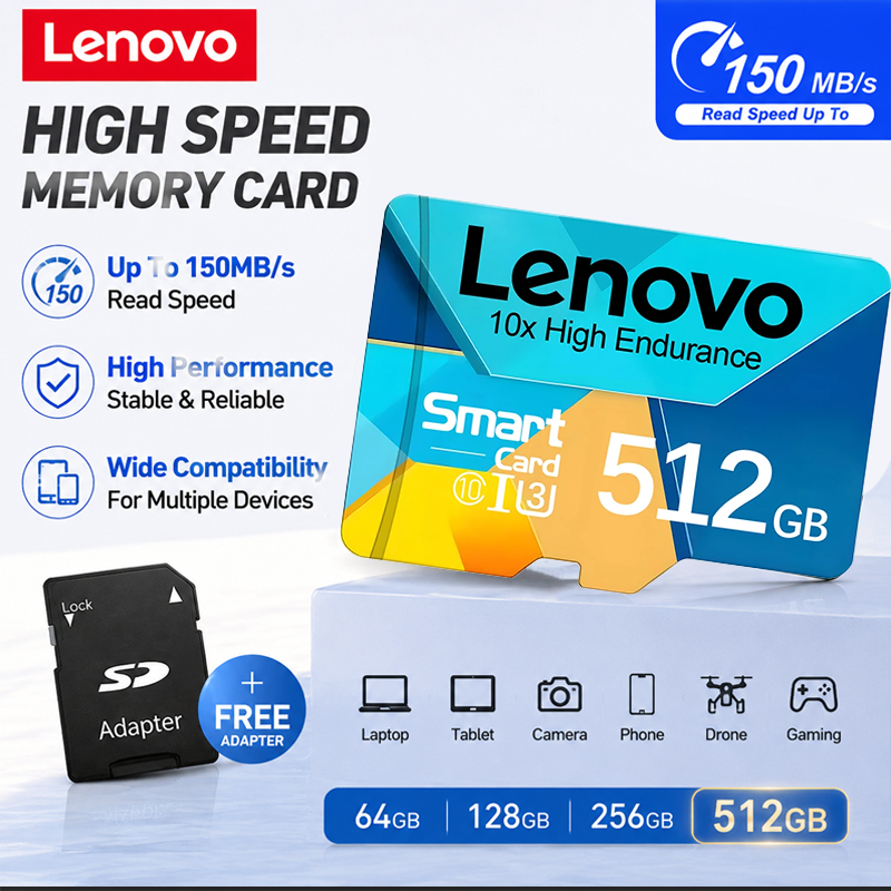 Lenovo High-Speed Micro SD Card 512GB Support 4K Ultra HD 128GB 64GB 256GB Flash Memory for 360° Video Cameras Car Accessories