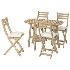 ASKHOLMEN slagbord+4 klappstolar, utomhus, fällbart akacia/Kuddarna ljust gråbeige
