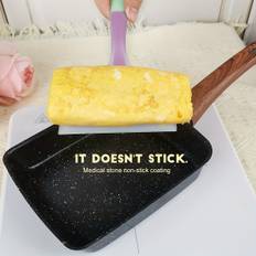 TEMU 1pc Japanese Tamagoyaki Pan With Imitation Wood Handle - Non-stick, Cast For Breakfast & Omelets, Includes Silicone Spatula - Perfect For Home Kitchens & Restaurants