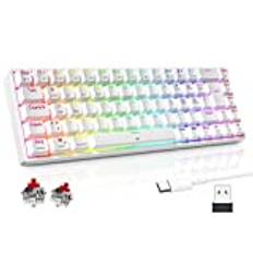 TECURS Gaming tangentbord – RGB mekaniskt tangentbord trådlöst Bluetooth/2,4G/med kabel, 65 % QWERTZ gamer-tangentbord med röd omkopplare för PC/laptop/PS4/PS5, vit